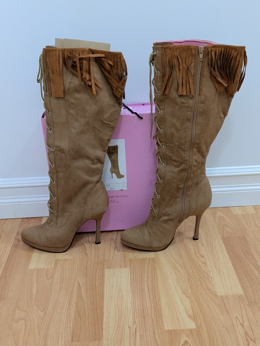 Ellie Tan Fringe Knee-High Lace-Up Heeled Boots